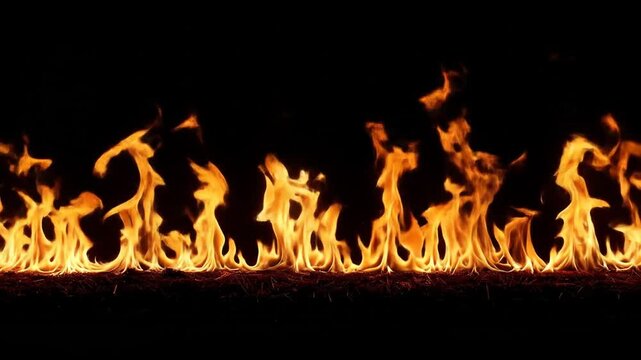 Dynamic Flames: Intense Fire Burning on Black Background, Fiery Visuals