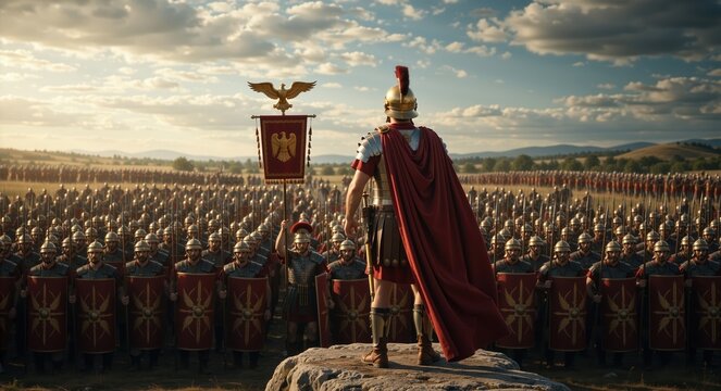 Rear view of a Roman commander overlooking a vast army. Ancient military leader with red cloak and golden eagle standard. Historical empire concept