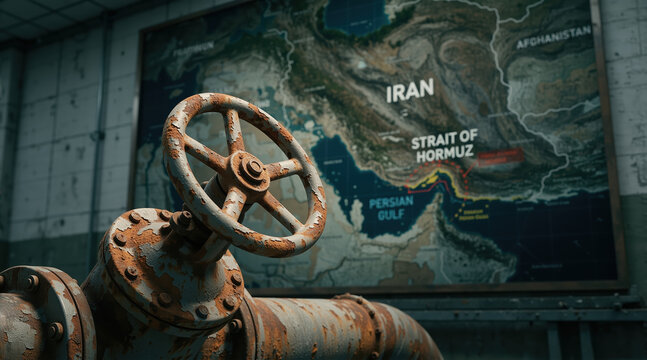 Rusty industrial oil pipe and valve with a map of Iran and the Strait of Hormuz in the background. Geopolitical concept of energy security and oil trade in the Persian Gulf