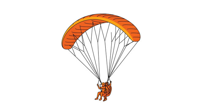 A vibrant orange paraglider soaring through the air with a single person attached