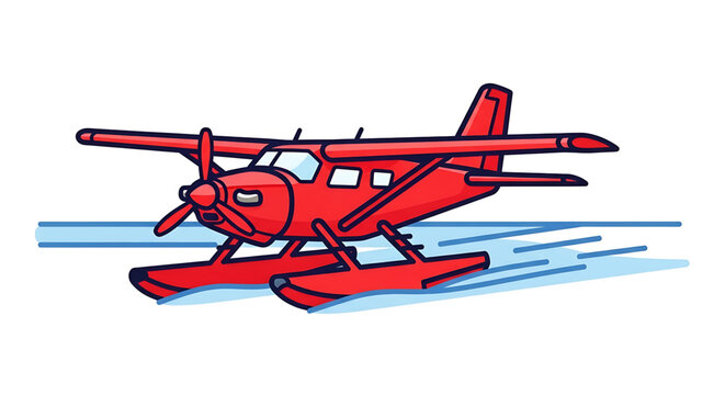 A cartoon illustration of a red seaplane flying over water with a propeller and pontoons