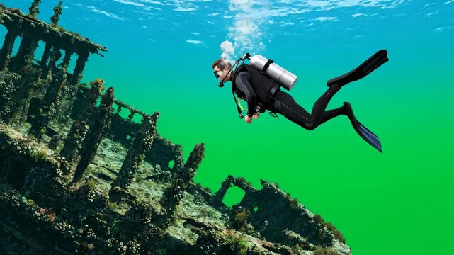 Scuba diver explores ancient shipwreck and coral reef in deep blue ocean water
