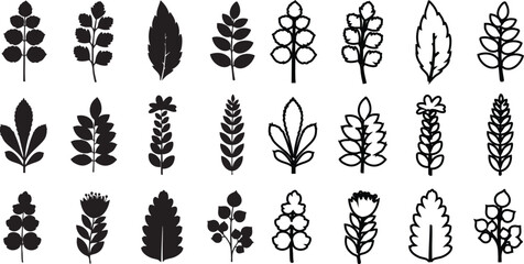 Naklejka premium Black and white silhouettes of various leaves and floral black silhouettes white background