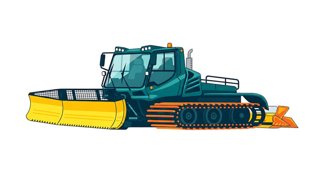 A vector graphic illustration of a green snowplow with a yellow blade and orange accents on a white background