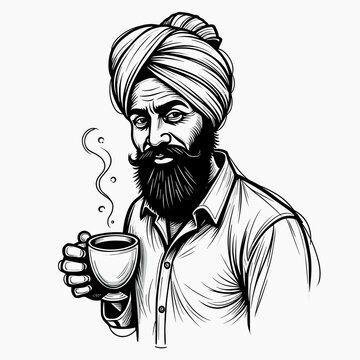 A detailed monochrome illustration depicts a bearded man in a traditional turban holding a steaming cup of coffee. This graphic portrait evokes a sense of cultural heritage and morning routine.