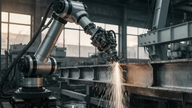 Medium view of robotic arm performing coping operations on steel Hbeam demonstrating hightech fabrication in structural engineering.