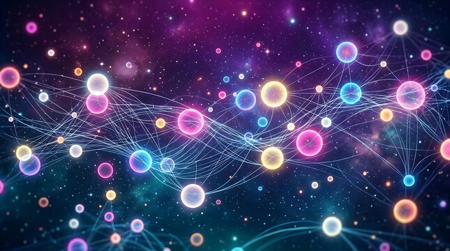 Colorful interconnected glowing nodes network design representing futuristic data visualization technology concept