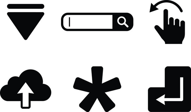 Vector silhouette set of form field icons featuring dropdown arrow, search bar with cursor, drag and drop hand and required field asterisk