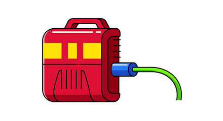 Naklejka premium A red fire extinguisher with a green hose and blue nozzle on a white background