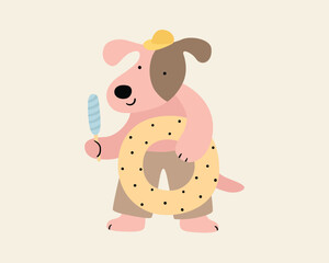 Fototapeta premium Dog standing eating ice cream cute creative kawaii cartoon mascot logo. Childish funny character, simple flat vector style in pastel colors. Swimwear, beach, summer funny animal. Sticker, card.