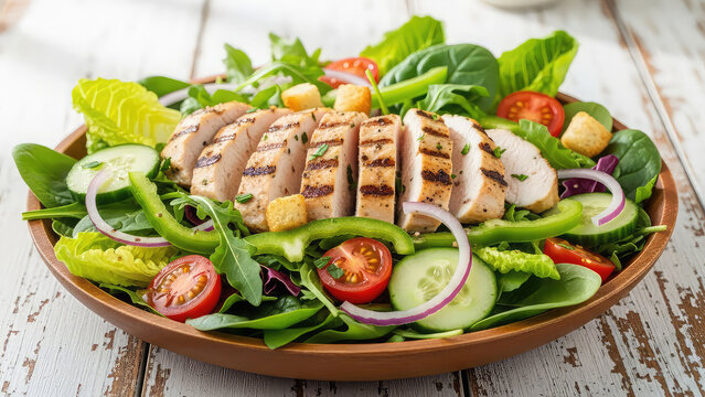 A delicious and healthy salad with grilled chicken on a wooden table