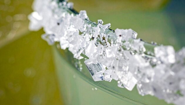 Close up of crystalline salt rimming a glass, featuring large, irregular white granules, subtly reflecting light against a soft, unfocused green background, evoking a fresh, bright, and refreshing moo