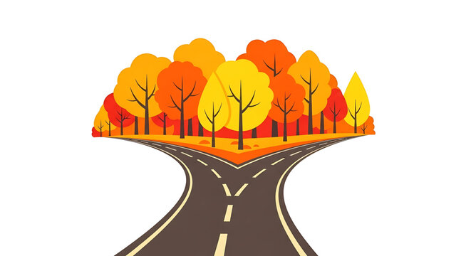 A vector graphic illustration of a road diverging into two paths under a vibrant autumnal landscape with trees.
