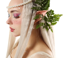 Obraz premium Beautiful elf girl with floral decor on white background