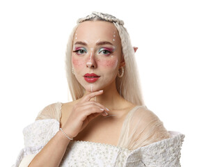 Obraz premium Beautiful girl dressed as elf on white background