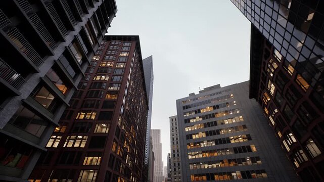 historic brick facades meet glass towers, dense city corridor with warm interior lights, textured masonry and mirrored curtain walls, cinematic lowangle