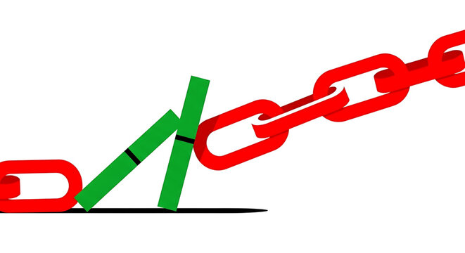 A vector graphic illustration of a green arrow breaking free from a red chain