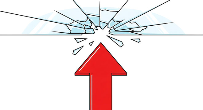 A red arrow breaks through a cracked glass ceiling in a bold, vector graphic illustration