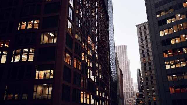 city alley dusk glowing office windows, narrow highrise canyon framing distant tower, warm interior lights through grid facades, wet reflections on pavement,