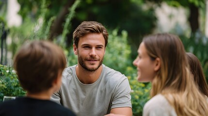 Fototapeta premium Young adults gather in a lush green outdoor setting for a focused conversation and collaborative discussion