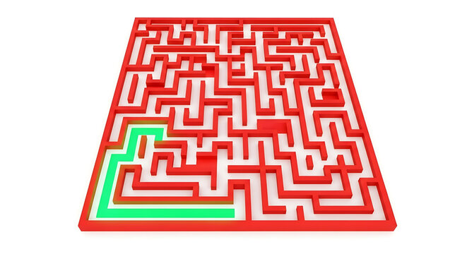 A vector graphic illustration of a complex red maze with a green path on a white background
