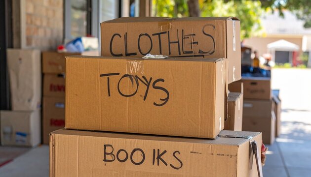 Stacked cardboard boxes on a sunny day with handwritten labels for 'CLOTHES', 'TOYS', and 'BOOKS', suggesting donation, move, or cleanout activities outdoors