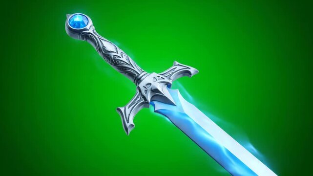 Mystical Glowing Sword with Ornate Hilt Against a Vibrant Green Background, Fantasy Weapon Art