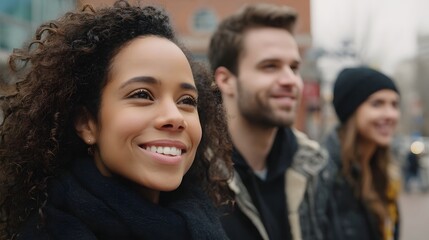 Obraz premium A diverse group of friends sharing genuine moments and laughter while walking through a bustling urban street setting