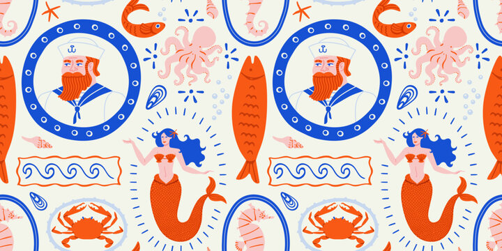 Vintage hand drawn marine seamless pattern illustration. Retro style sea life cartoon background. Summer vacation surface print design includes mermaid, fish, sailor.