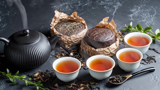 Hot tea, traditional teapot, and compressed Pu-erh tea cakes