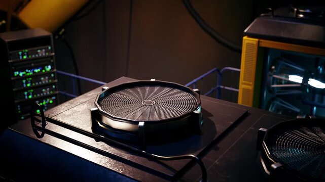 A circular cooling plate with a textured surface sits in a laboratory environment, alongside modern equipment and servers, highlighting advanced technology utilization for cooling.