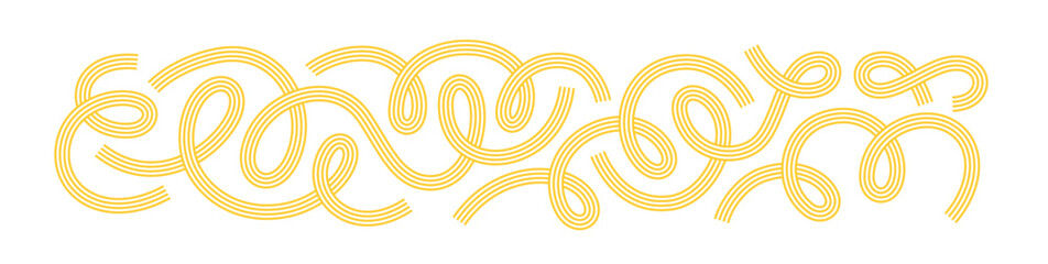 Abstract Curve Line Pasta Elements. Swirl Vector Spaghetti Shapes. Yellow 3D Spiral Noodle Waves. Doodle Pasta Line Elements for Italian Restaurant Menu or Cooking Design Illustration.