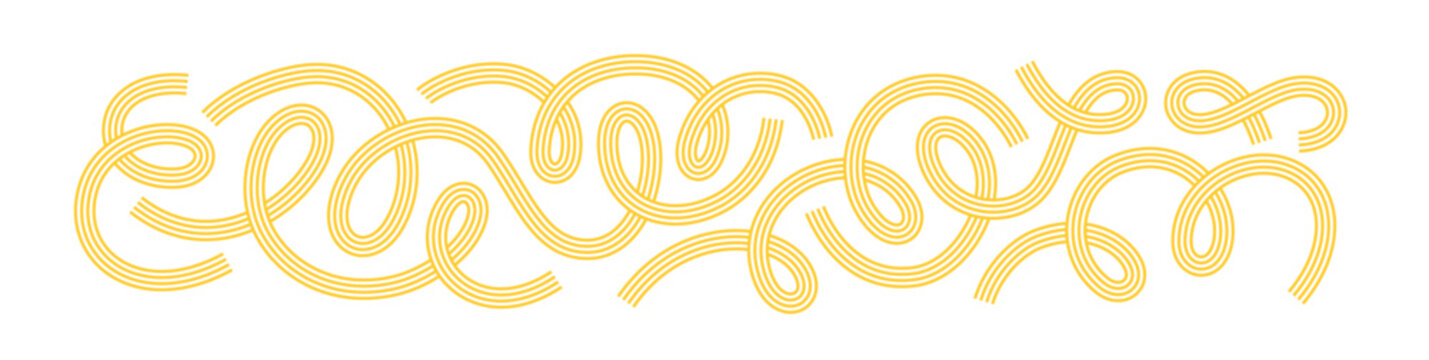 Abstract Curve Line Pasta Elements. Swirl Vector Spaghetti Shapes. Yellow 3D Spiral Noodle Waves. Doodle Pasta Line Elements for Italian Restaurant Menu or Cooking Design Illustration.