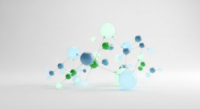 Abstract molecular structure of glowing spheres and connected lines on a minimalist white background