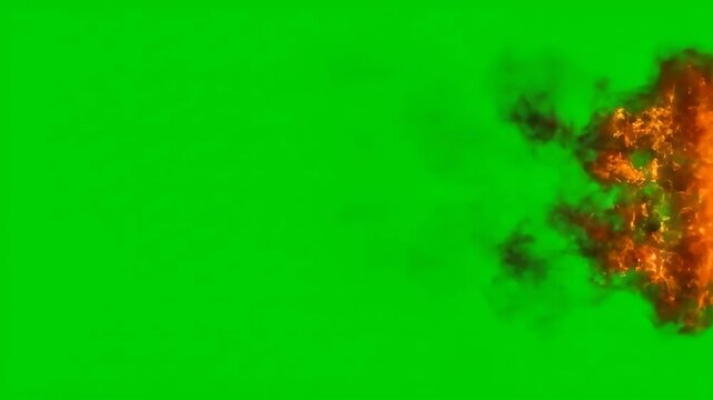 Fiery explosion effect with smoke and embers on a green screen background, ideal for visual effects and editing