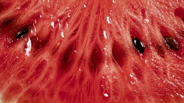 Macro shot of fresh watermelon flesh with seeds and juice