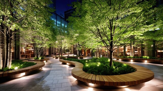 Urban garden path winding between green trees and curved wooden benches, illuminated by soft uplighting at night, creating an inviting, tranquil, and modern landscape design concept