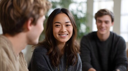 Obraz premium Young friends gathered in a sunlit living room engaged in positive conversation and collaborative discussion