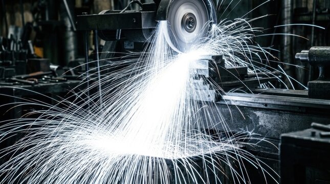 Slow-motion waterfall of luminous white sparks cascading downward from an elevated grinding wheel, each spark a miniature firework tracing a unique parabolic arc, the