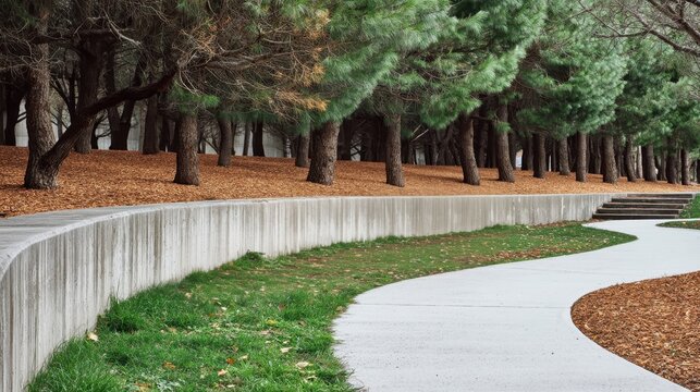 Winding concrete path leading through a modern park with a retaining wall, lush green grass, and a dense line of pine trees growing behind a bed of brown wood chips