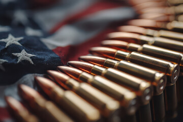 Obraz premium Bullets lined up in front of American flag symbolizing gun rights and law