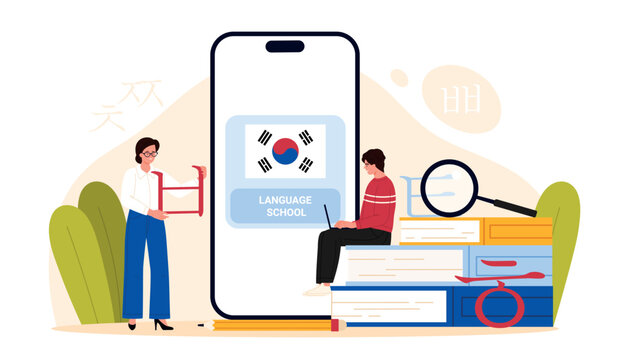 People studying Korean language with smartphone app, books and magnifier, modern online education concept for language school and e learning, isolated on white background vector illustration