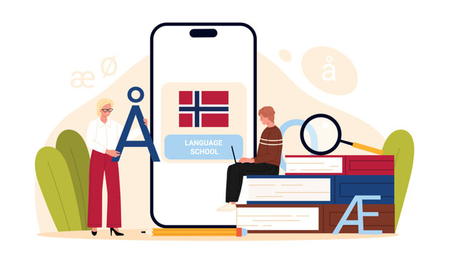 People studying Norwegian language with smartphone app, books, alphabet letters, modern online course concept Scandinavian education, language school, isolated on white background vector illustration