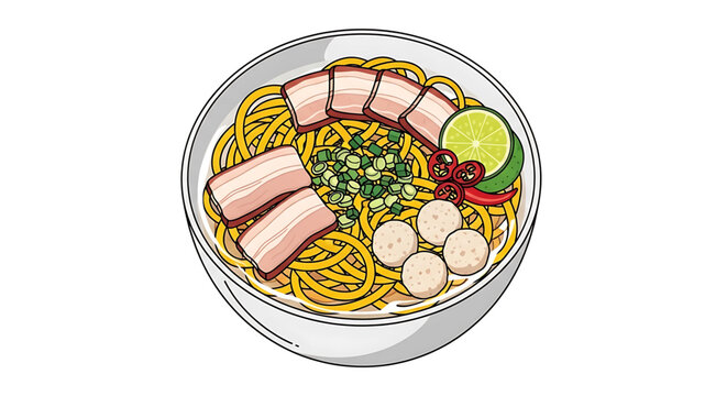 A vector graphic illustration of a bowl of noodles with bacon and vegetables