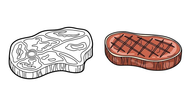 Vector graphic illustration of a raw and a cooked steak side by side