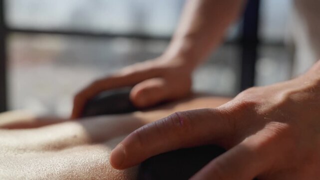 Close-up of therapist hands massaging bare back with smooth stone tool in warm natural sunlight, highlighting relaxation, wellness and soothing body care treatment