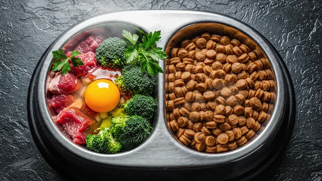 Pet food bowl showing raw meat, egg, broccoli and dry kibble