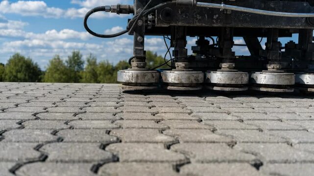 Medium shot of a machine compacting interlocking concrete paver blocks highlighting the precise pressing process for durable walkways and patios.