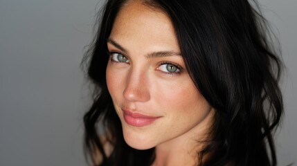 Naklejka premium Close up beauty portrait of a smiling woman with dark hair and striking green eyes. Showing confidence and natural beauty with soft light on her face against a gray background