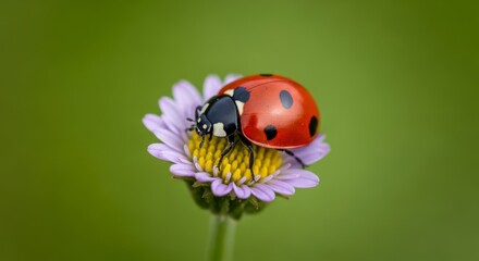 Obraz premium A ladybug perched on a vibrant purple flower with a blurred green background